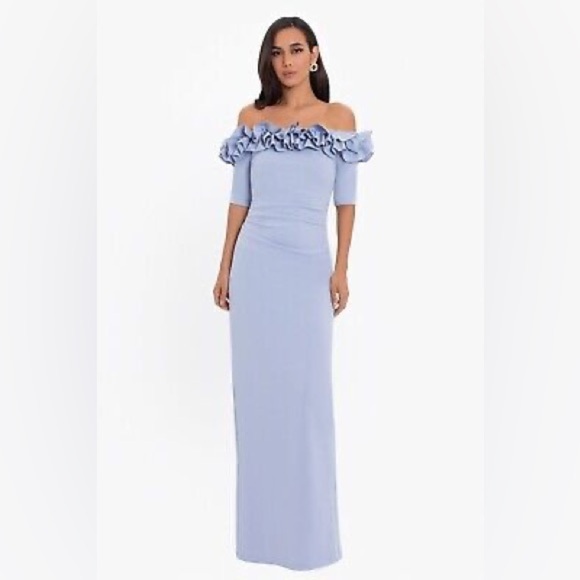 🌟 XSCAPE Ruffle Off-Shoulder Gown | Size 16W | Soft Blue Elegance - Picture 2 of 7